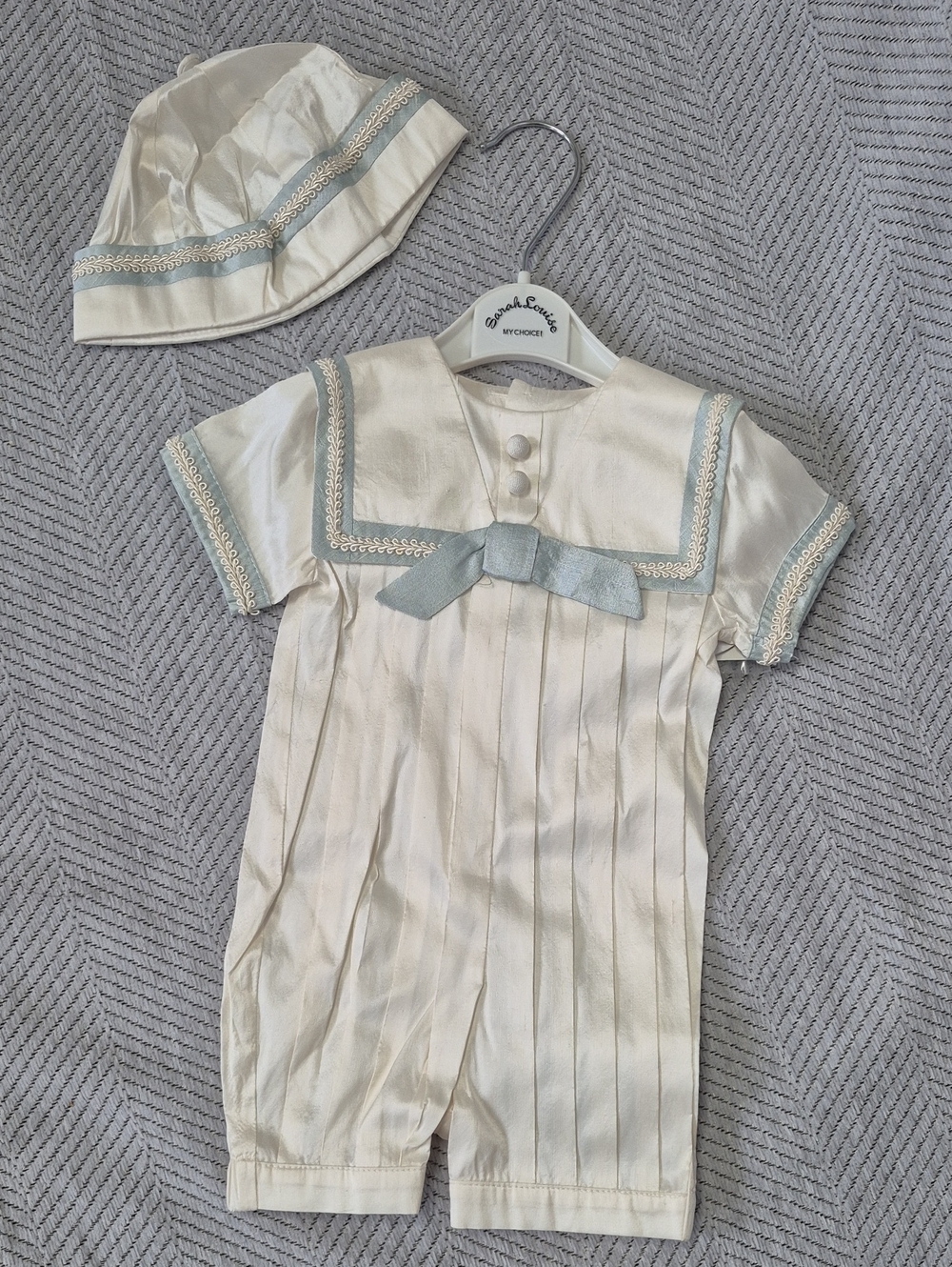 NWT Sarah Louise 100% Silk Boys Sailor Christening Formal Romper Hat 2pcs Set 3M